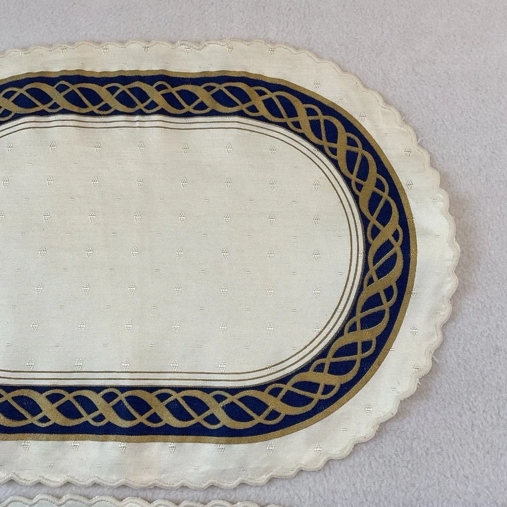 Lenox Hamilton Oval Placemats Cloth Set Of 2 Ivory Gold Navy Blue Vintage Lot #3